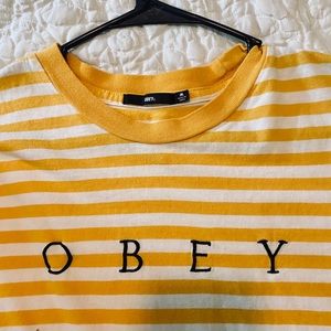 Yellow and white striped OBEY t shirt